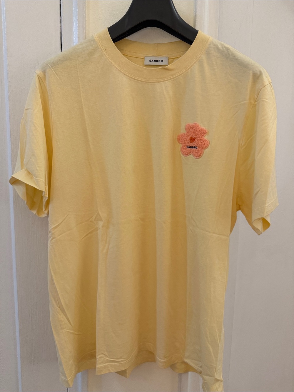 Sandro Pale Yellow Short Sleeve Tee with Coral Flower Patch
